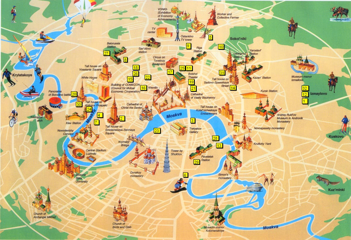 Mappa turistica di Mosca con attrazioni, musei, luoghi d'interesse e monumenti